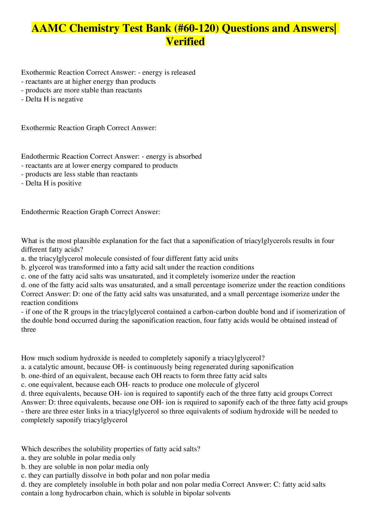 Preview image for AAMC Chemistry Test Bank (#60-120) Questions and Answers| Verified